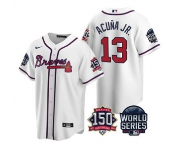 Men's Atlanta Braves #13 Ronald Acuna Jr. 2021 White World Series With 150th Anniversary Patch Cool Base Baseball Jersey