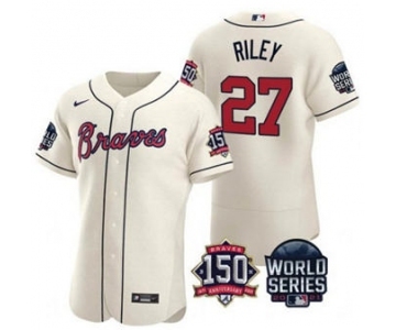 Men's Atlanta Braves #27 Austin Riley 2021 Cream World Series With 150th Anniversary Patch Flex Base Baseball Jersey