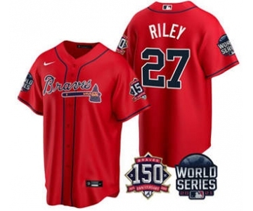 Men's Atlanta Braves #27 Austin Riley 2021 Red World Series With 150th Anniversary Patch Cool Base Stitched Jersey