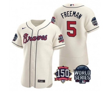 Men's Atlanta Braves #5 Freddie Freeman 2021 Cream World Series Flex Base With 150th Anniversary Patch Baseball Jersey