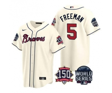 Men's Atlanta Braves #5 Freddie Freeman 2021 Cream World Series With 150th Anniversary Patch Cool Base Baseball Jersey