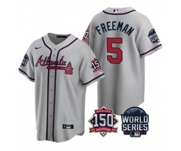 Men's Atlanta Braves #5 Freddie Freeman 2021 Gray World Series With 150th Anniversary Patch Cool Base Baseball Jersey