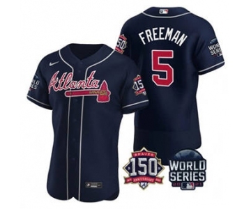 Men's Atlanta Braves #5 Freddie Freeman 2021 Navy World Series Flex Base With 150th Anniversary Patch Baseball Jersey