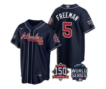 Men's Atlanta Braves #5 Freddie Freeman 2021 Navy World Series With 150th Anniversary Patch Cool Base Baseball Jersey