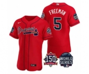 Men's Atlanta Braves #5 Freddie Freeman 2021 Red World Series Flex Base With 150th Anniversary Patch Baseball Jersey