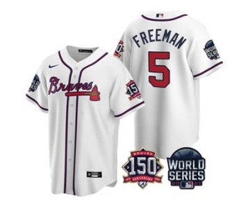 Men's Atlanta Braves #5 Freddie Freeman 2021 White World Series With 150th Anniversary Patch Cool Base Baseball Jersey