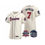 Men's Atlanta Braves #7 Dansby Swanson 2021 Cream World Series Flex Base With 150th Anniversary Patch Baseball Jersey