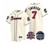 Men's Atlanta Braves #7 Dansby Swanson 2021 Cream World Series With 150th Anniversary Patch Cool Base Baseball Jersey