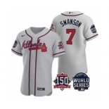 Men's Atlanta Braves #7 Dansby Swanson 2021 Gray World Series Flex Base With 150th Anniversary Patch Baseball Jersey