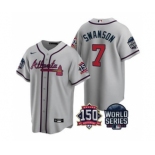 Men's Atlanta Braves #7 Dansby Swanson 2021 Gray World Series With 150th Anniversary Patch Cool Base Baseball Jersey