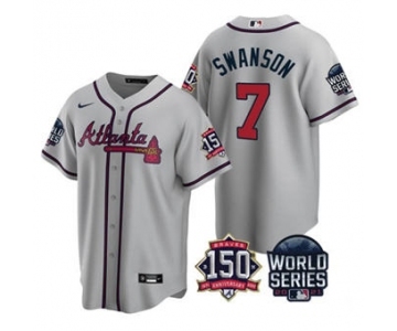 Men's Atlanta Braves #7 Dansby Swanson 2021 Gray World Series With 150th Anniversary Patch Cool Base Baseball Jersey