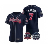 Men's Atlanta Braves #7 Dansby Swanson 2021 Navy World Series Flex Base With 150th Anniversary Patch Baseball Jersey