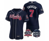 Men's Atlanta Braves #7 Dansby Swanson 2021 Navy World Series Flex Base With 150th Anniversary Patch Baseball Jersey