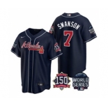 Men's Atlanta Braves #7 Dansby Swanson 2021 Navy World Series With 150th Anniversary Patch Cool Base Baseball Jersey