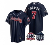 Men's Atlanta Braves #7 Dansby Swanson 2021 Navy World Series With 150th Anniversary Patch Cool Base Baseball Jersey