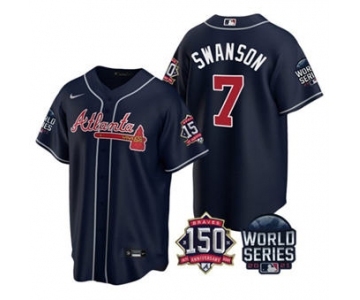 Men's Atlanta Braves #7 Dansby Swanson 2021 Navy World Series With 150th Anniversary Patch Cool Base Baseball Jersey