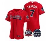 Men's Atlanta Braves #7 Dansby Swanson 2021 Red World Series Flex Base With 150th Anniversary Patch Baseball Jersey