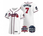 Men's Atlanta Braves #7 Dansby Swanson 2021 White World Series Flex Base With 150th Anniversary Patch Baseball Jersey