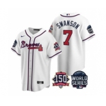 Men's Atlanta Braves #7 Dansby Swanson 2021 White World Series With 150th Anniversary Patch Cool Base Baseball Jersey