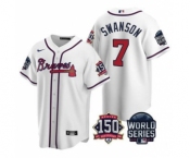 Men's Atlanta Braves #7 Dansby Swanson 2021 White World Series With 150th Anniversary Patch Cool Base Baseball Jersey