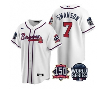 Men's Atlanta Braves #7 Dansby Swanson 2021 White World Series With 150th Anniversary Patch Cool Base Baseball Jersey