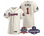 Men's Atlanta Braves #1 Ozzie Albies 2021 Cream World Series Champions With 150th Anniversary Flex Base Stitched Jersey