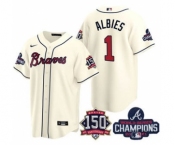 Men's Atlanta Braves #1 Ozzie Albies 2021 Cream World Series Champions With 150th Anniversary Patch Cool Base Stitched Jersey