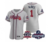 Men's Atlanta Braves #1 Ozzie Albies 2021 Gray World Series Champions With 150th Anniversary Flex Base Stitched Jersey