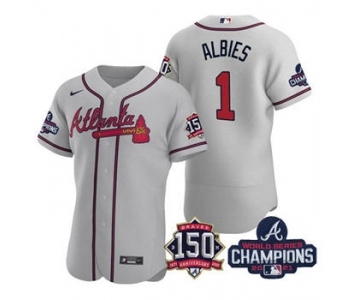 Men's Atlanta Braves #1 Ozzie Albies 2021 Gray World Series Champions With 150th Anniversary Flex Base Stitched Jersey