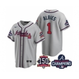 Men's Atlanta Braves #1 Ozzie Albies 2021 Grey World Series Champions With 150th Anniversary Patch Cool Base Stitched Jersey