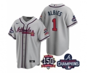 Men's Atlanta Braves #1 Ozzie Albies 2021 Grey World Series Champions With 150th Anniversary Patch Cool Base Stitched Jersey