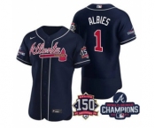 Men's Atlanta Braves #1 Ozzie Albies 2021 Navy World Series Champions With 150th Anniversary Flex Base Stitched Jersey