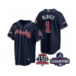 Men's Atlanta Braves #1 Ozzie Albies 2021 Navy World Series Champions With 150th Anniversary Patch Cool Base Stitched Jersey