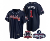 Men's Atlanta Braves #1 Ozzie Albies 2021 Navy World Series Champions With 150th Anniversary Patch Cool Base Stitched Jersey