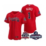 Men's Atlanta Braves #1 Ozzie Albies 2021 Red World Series Champions With 150th Anniversary Flex Base Stitched Jersey