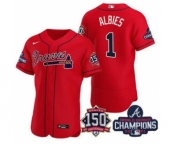 Men's Atlanta Braves #1 Ozzie Albies 2021 Red World Series Champions With 150th Anniversary Flex Base Stitched Jersey