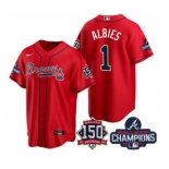 Men's Atlanta Braves #1 Ozzie Albies 2021 Red World Series Champions With 150th Anniversary Patch Cool Base Stitched Jersey