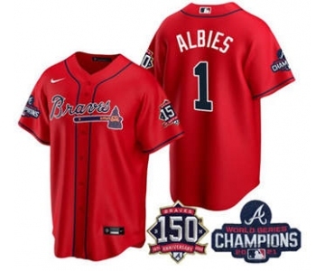 Men's Atlanta Braves #1 Ozzie Albies 2021 Red World Series Champions With 150th Anniversary Patch Cool Base Stitched Jersey