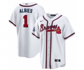 Men's Atlanta Braves #1 Ozzie Albies 2021 White World Series Champions Cool Base Stitched Jersey