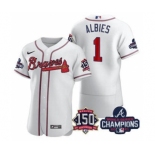 Men's Atlanta Braves #1 Ozzie Albies 2021 White World Series Champions With 150th Anniversary Flex Base Stitched Jersey