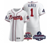 Men's Atlanta Braves #1 Ozzie Albies 2021 White World Series Champions With 150th Anniversary Flex Base Stitched Jersey