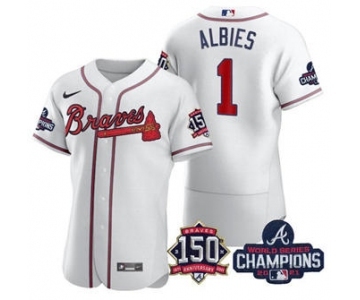 Men's Atlanta Braves #1 Ozzie Albies 2021 White World Series Champions With 150th Anniversary Flex Base Stitched Jersey