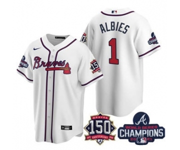 Men's Atlanta Braves #1 Ozzie Albies 2021 White World Series Champions With 150th Anniversary Patch Cool Base Stitched Jersey