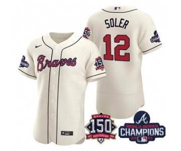 Men's Atlanta Braves #12 Jorge Soler 2021 Cream World Series Champions With 150th Anniversary Flex Base Stitched Jersey