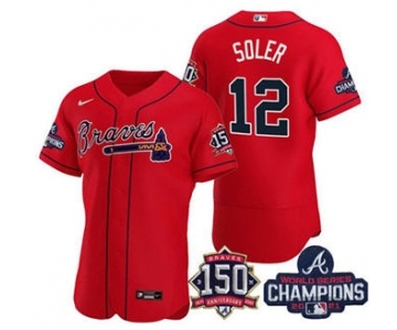 Men's Atlanta Braves #12 Jorge Soler 2021 Red World Series Champions With 150th Anniversary Flex Base Stitched Jersey