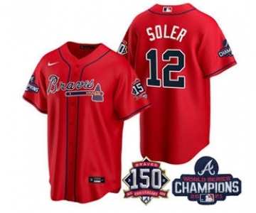 Men's Atlanta Braves #12 Jorge Soler 2021 Red World Series Champions With 150th Anniversary Patch Cool Base Stitched Jerse