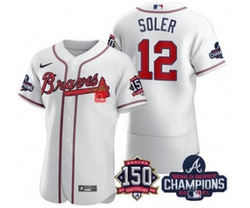 Men's Atlanta Braves #12 Jorge Soler 2021 White World Series Champions With 150th Anniversary Flex Base Stitched Jersey