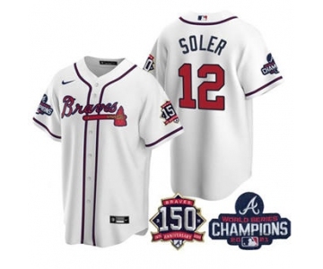 Men's Atlanta Braves #12 Jorge Soler 2021 White World Series Champions With 150th Anniversary Patch Cool Base Stitched Jersey