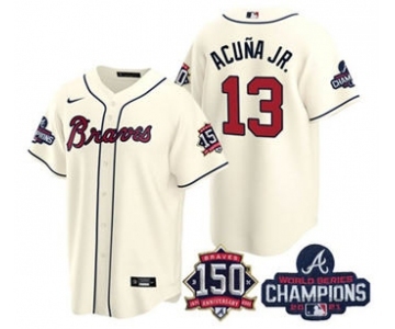 Men's Atlanta Braves #13 Ronald Acuna Jr. 2021 Cream World Series Champions With 150th Anniversary Patch Cool Base Stitched Jersey