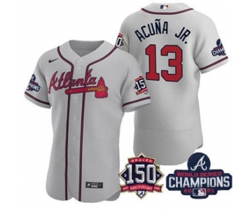 Men's Atlanta Braves #13 Ronald Acuna Jr. 2021 Gray World Series Champions With 150th Anniversary Flex Base Stitched Jersey